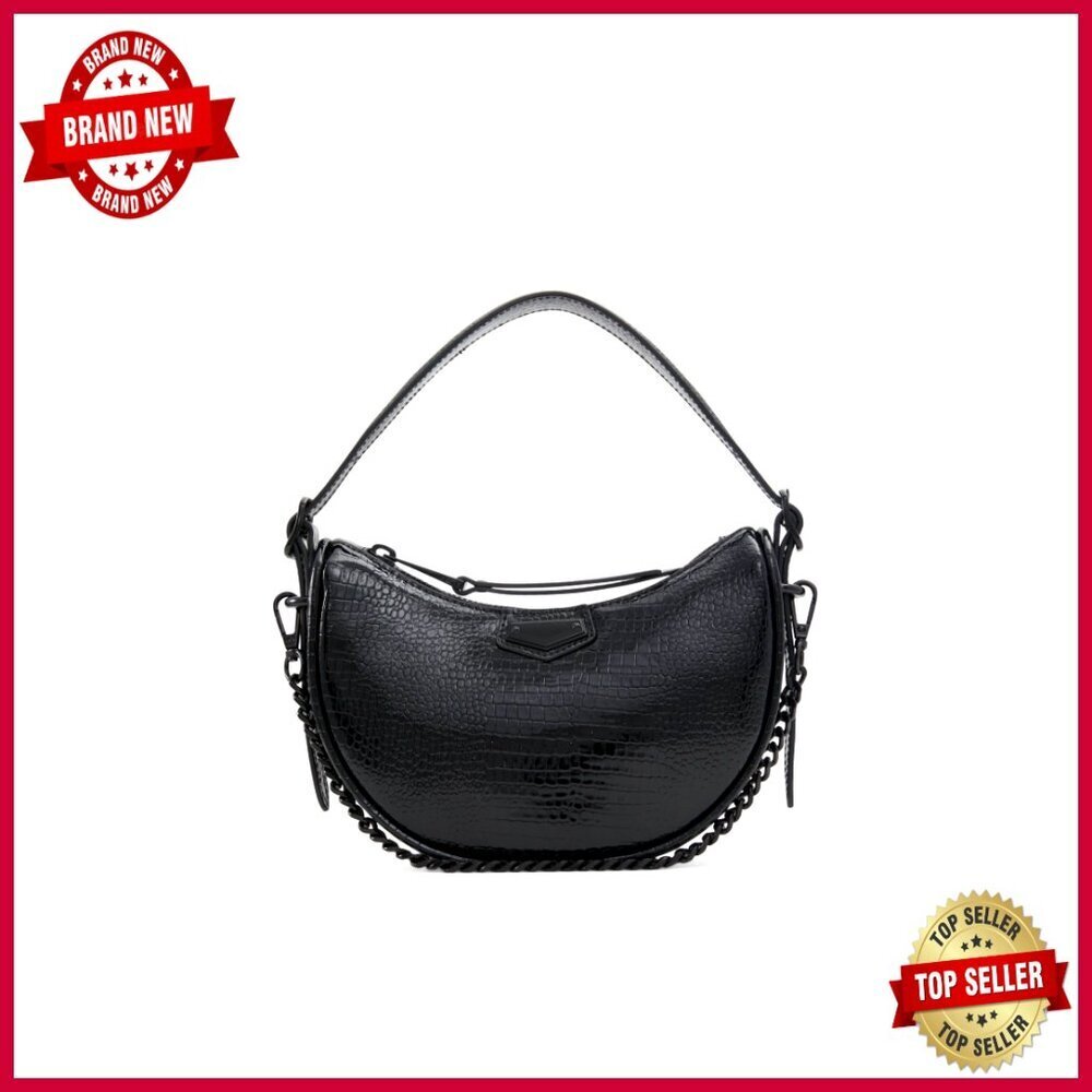 Small Black Shoulder Bag with Crossbody Strap, Synthetic Material